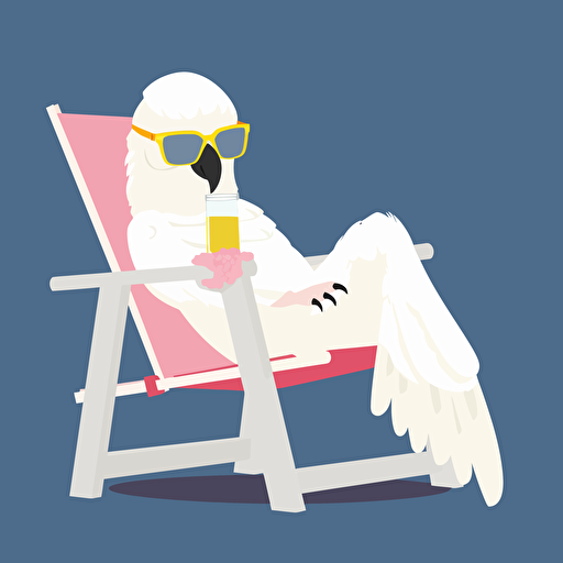 A white cockatoo wearing pink sunglasses, laying on its back in a lawn chair drinking a cocktail. flat style illustration for business ideas, flat design vector, industrial, light color pallet using a limited color pallet, high resolution, engineering/ construction and design, colored cartoon style, light indigo and light gold, cad( computer aided design) , white background