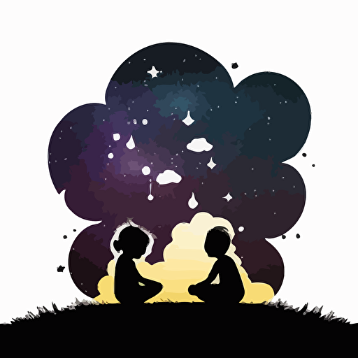 simple logo, vector, minimal, two kids sitting in a cloud, Silhouette of their heads, stars around them