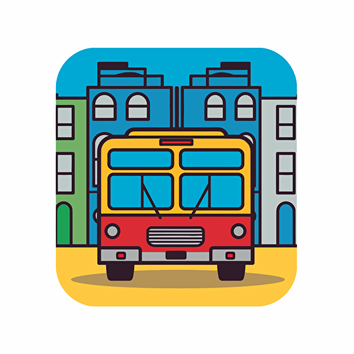 a basic city themed card back design with a tour bus on it in a symmetrical design, fun primary colours with a vector art style