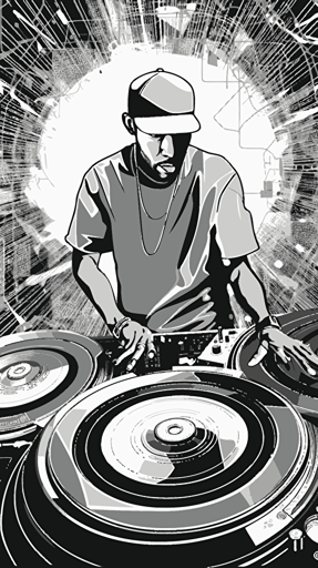 an abstract, comic-style vector party flyer image of a funk and soul dj playing vinyl records on a technics 1210 in a small club, leave empty monotone space for flyer details