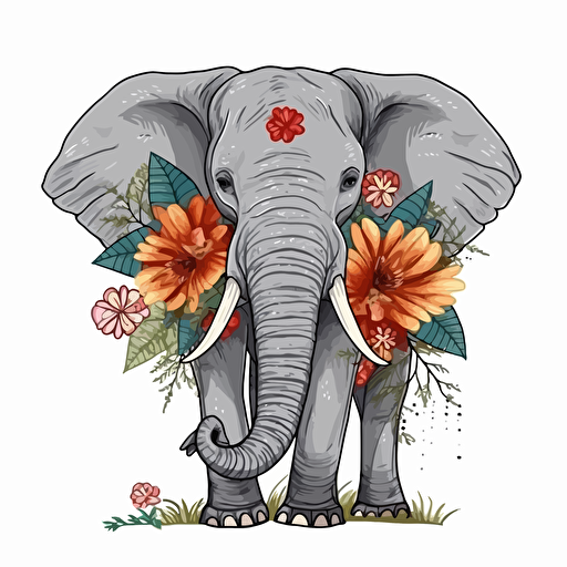 elephant with flowers, detailed, cartoon style, 2d clipart vector, creative and imaginative, hd, white background