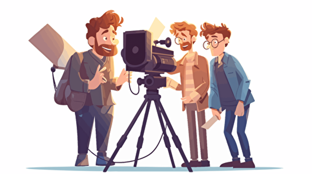 three guys making a movie. vector style over white.