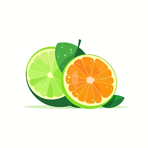 2d illustration of minimalist, orange fruit with half of a green lime laying in front, 2d, clean, illustration, vector, white background, cartoon, flat colors