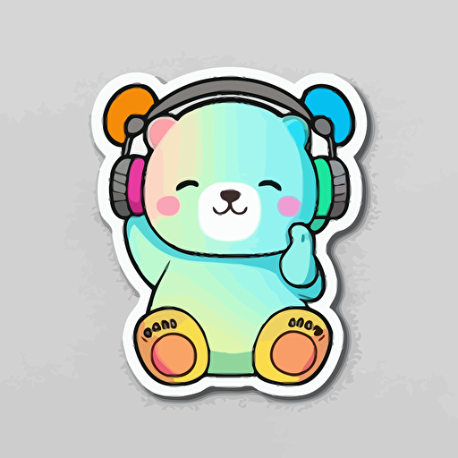 sticker, happy colorful bear wearing headphones, kawaii, contour, vector, white background s 250