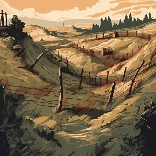 world war I battle landscape, with trenches barricades, barbwire , 16:9 format, illustration vectorial style, limited color palette, view from above