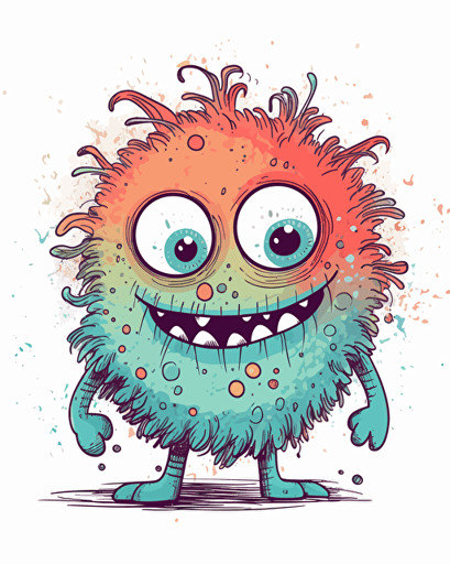 very cute little monster, smiling, handmade children simple doodle, minimalistic, illustration for babies, delicate, vibrant colors, vivid palette, vector art, defined thick black edges, white background, very simple doodle, symmetric, naif doodle, clip art