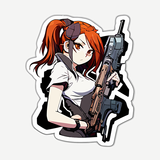 Girl with gun, Sticker, Cool, Anime, Contour, Vector, White background, Detailed