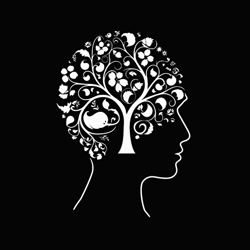 symbolic iconic logo of a healthy person, healthy mind, and healthy soul, white vector, on black backgroung