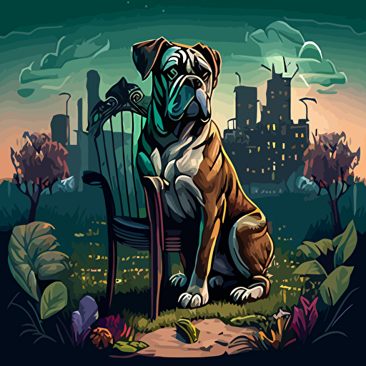 Create a detailed avatar of a boxer dog mascot sitting in a chair facing the foregorund, surrounded by magical glowing plants shrubs and roses, with a view of a abandoned city in the background, set from vacant woods in the foreground, trees, dead roses, clouds, broken carnival rides in the distance. Incorporate a gloomy and dreadful vibe to evoke a sense of eerieness and wonder. Use a digital painting style reminiscent of Thomas Kinkade and James Gurneya illustration, drawing, flat illustration, vector style