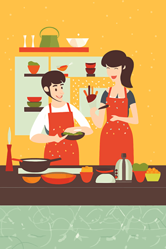 a happy couple cooking together. background: blank. couple: smiling while looking at each other with aprons on. food in front of the couple, vector style