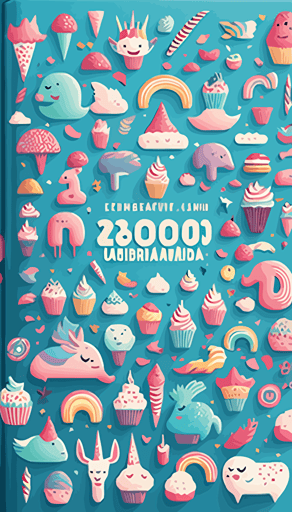 Full-size book cover, vector style pattern with at least 50 illustrated objects consisting of unicorns, flamingos, cupcakes and rainbows, clear vector areas, colorful, place a larger unicorn in the lower center