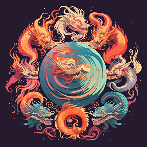 a boho logo of nine Chinese dragons, vector, 2d