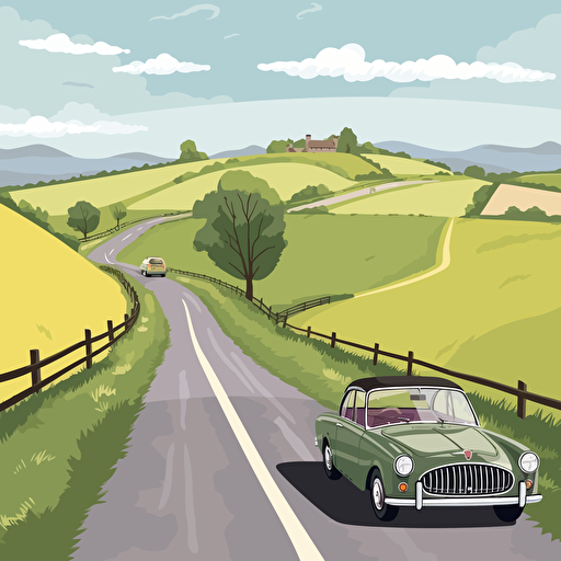 English countryside road long and winding with a couple of classic british cars on the road 3/4 view vector illustration