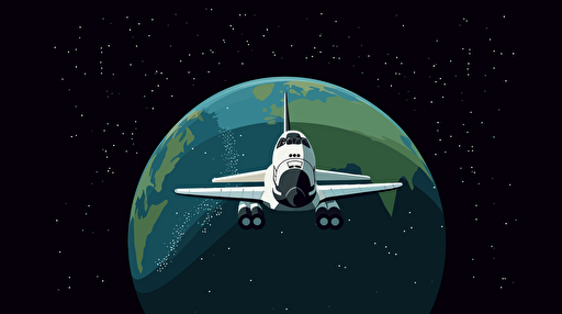 a space shuttle heading toward a jungle planet, viewed from space, simple vector illustration