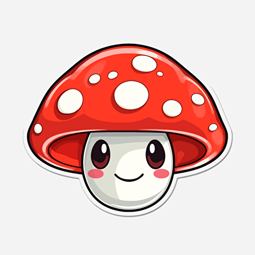 sticker, happy, cute, smiley red and white mushroom, kawaii, contour, vector, white background