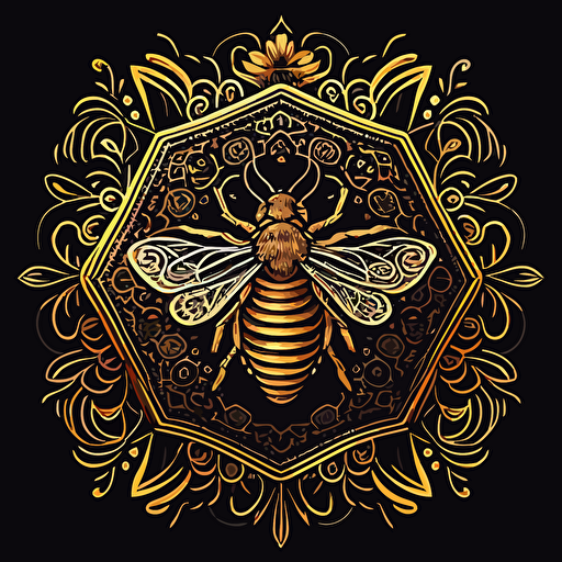 a vector logo of an elegant golden honeybee surrounded in tribal mandala