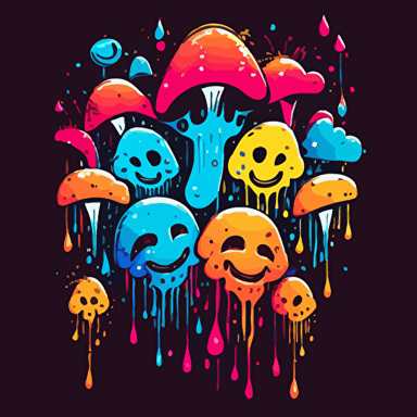 vector line drawing, dripping smiley faces, mushrooms, flowers, neon colors