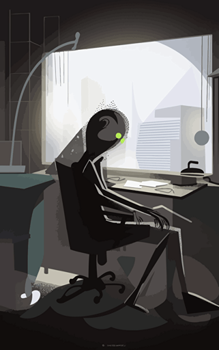 a sad grey alien slumped in a chair behind a desk covered in mess and futuristic office equipment, Sun shining through a window behind with a future city outside, melancholy and fatigue, in the style of flat vector