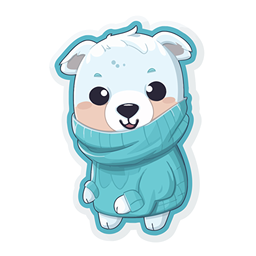 sticker design, super cute baby pixar style white dog, wearing a cyan sweater, vector