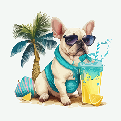 a cute cartoon french bulldog sitting at the beach wearing sunglasses and drinking lemonade, disney, 2d, vector art, transparent background