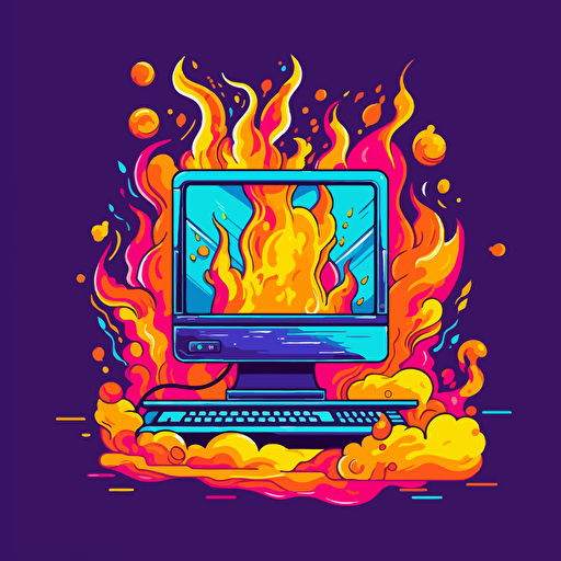 computer fire upbeat cartoon vibrant colors vector illustration