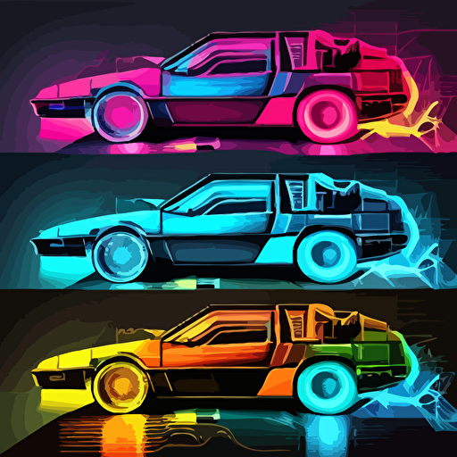 delorean in tych style, peter saville, vector, poster, neon colors