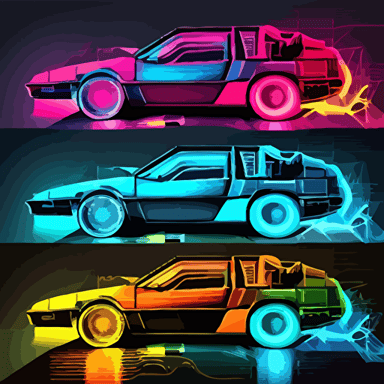 delorean in tych style, peter saville, vector, poster, neon colors