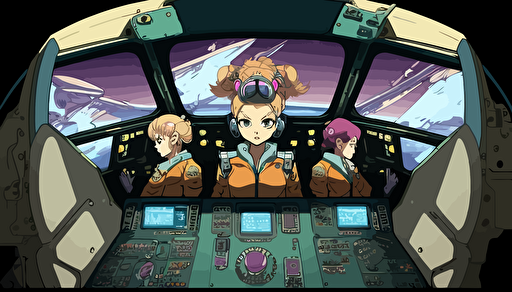 spaceship cockpit,4 seats,anime style,comic,illustration,vector,