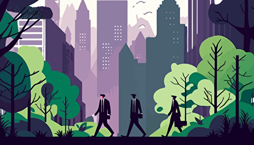 corporate people walking, buildings and trees landscape, scenery, flat vector art style, illustration, very detailed, purple blue and green colors, soft colors, by Tom Whalen