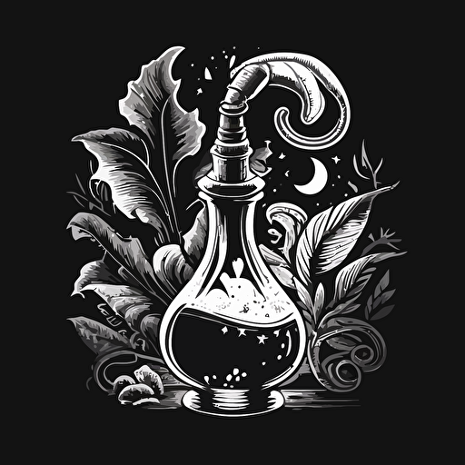 Black and WHite vector illustration of magic potion and magic banana