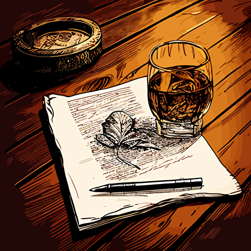 a pen and ink sketch or a whiskey and cigar on a table, vector art