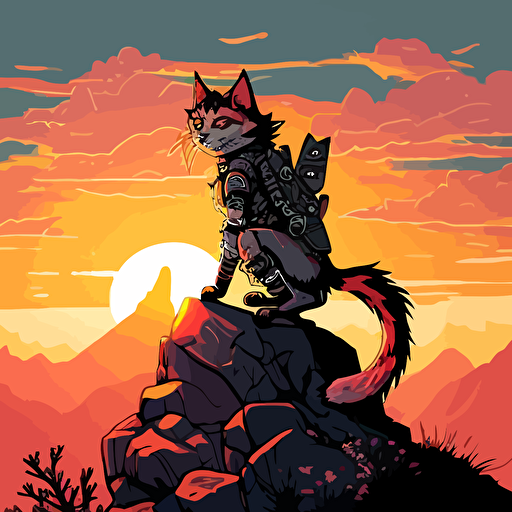 aloy as a cat on top of a mountain with sunset, comic style, vector art, bright color