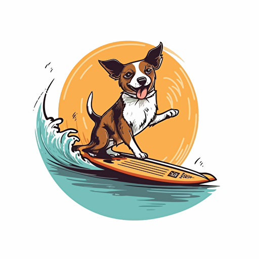 a dog riding a surfboard, vector logo, vector art, emblem, simple, cartoon,2d
