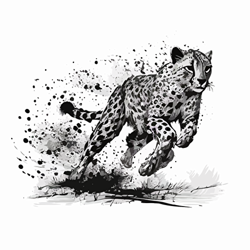 Hand drawn black color sketch of running cheetah, white background, Vector illustration