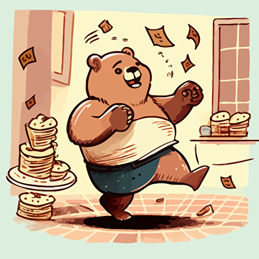 a vector image of a bear dancing, eating cake and counting money.