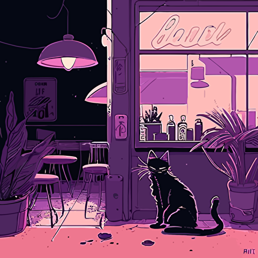 vectors, vectors art, simple, pastel lavender, retro modern, neon, cat by the bar, simple, 2d