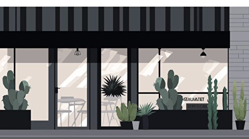 a simple and modern succulents shop facade ,without awning, no awning, white wall, black window frame like a cafe, flat color, vector illustration, for blog thumbnail image, simple, white background