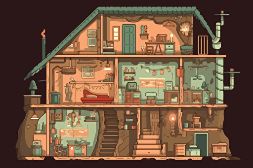 house in the section, there is a basement and a basement. There are old things in the attic. simple vector cartoon style,