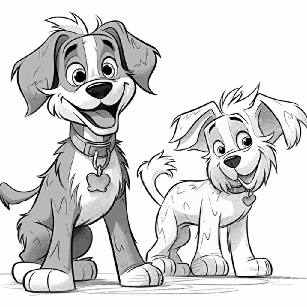 Pixar style 2d vector drawing coloring page of a dog and best friends.