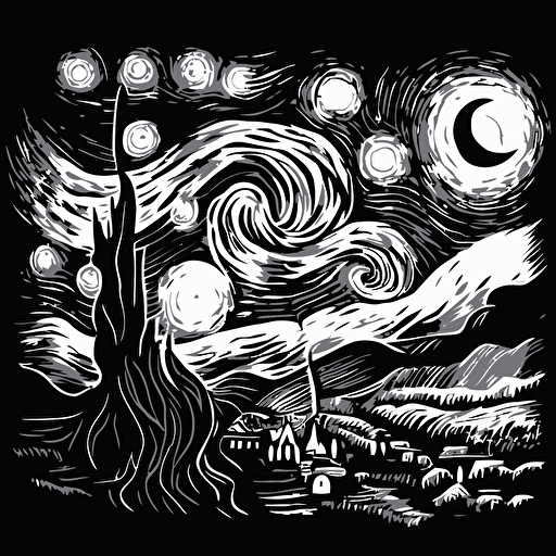 Develop a monochromatic, black-and-white vector illustration of "The Starry Night" by Van Gogh, emphasizing the contrast and depth of the original painting.