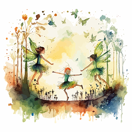 amazing watercolor design of fairies flying around an enchanted forest, cute, whimsical, for kids, detailed, vector