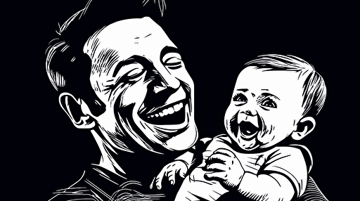 Young laughing father looking desperate holding laughing baby, Vector art, funny, black and white ,