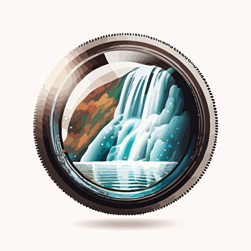 Vector illustration of a lens, waterfall inside the lens, nothing outside, white background, super clean logo