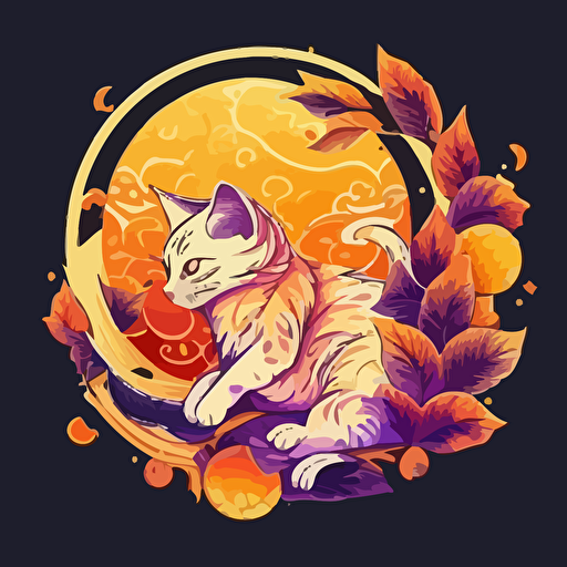 cat chinese style with flames gold coins mandarines chinese new year logo vector detailed high definition white purple red orange yellow