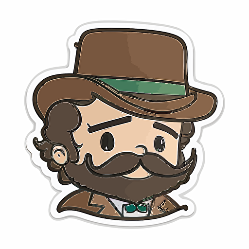 Sticker, Happy Colorful Watson from Sherlock Holmes with short brown beard, kawaii, contour, vector, white background