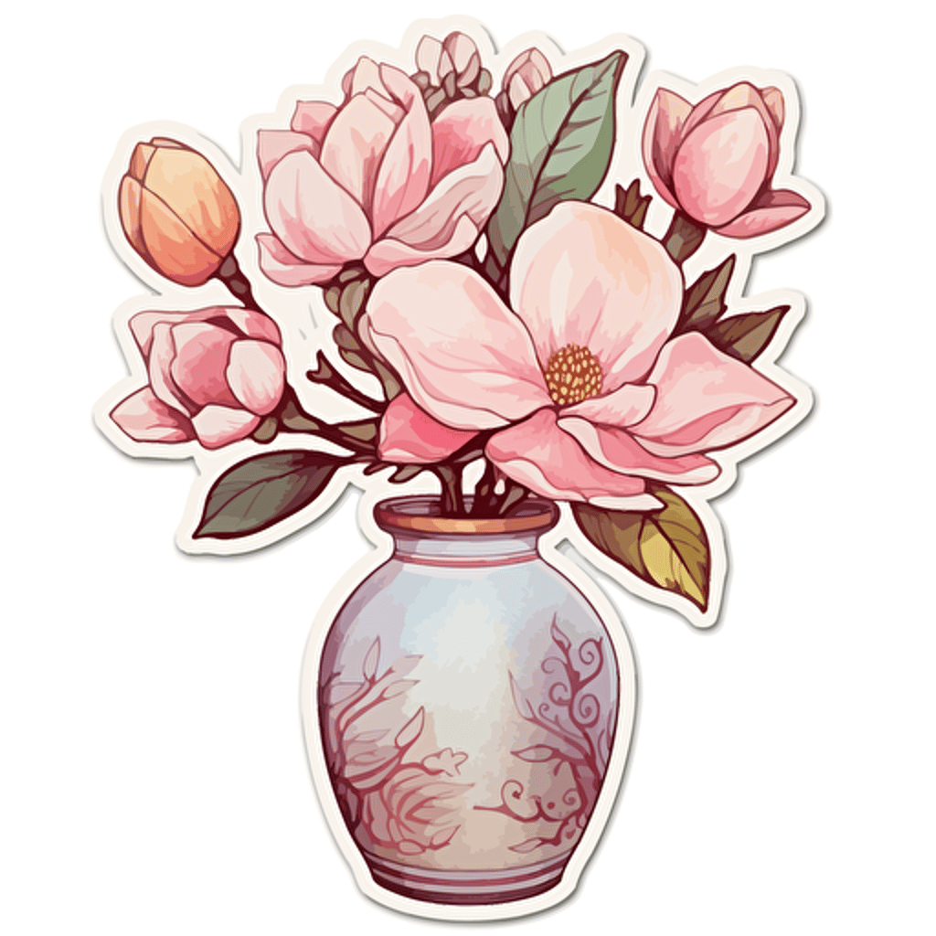 watercolor vector illustration boho magnolias in a clay vase sticker white background