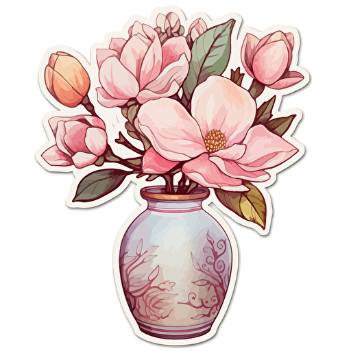 watercolor vector illustration boho magnolias in a clay vase sticker white background