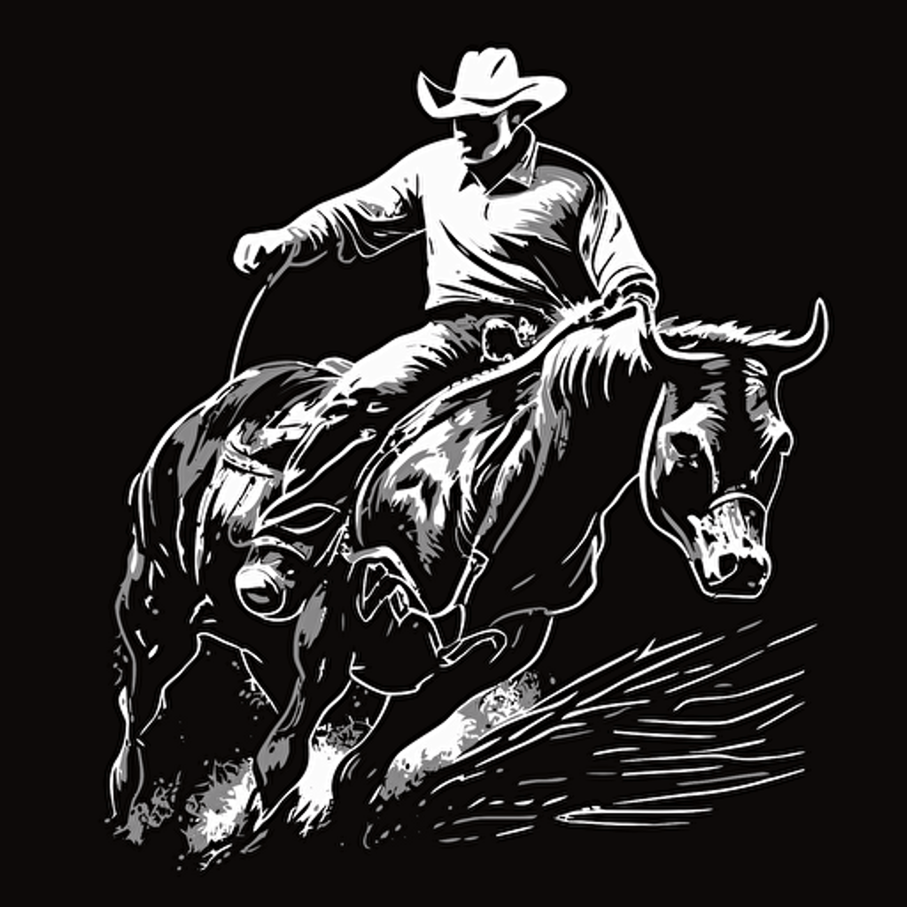 simple vector illistation of bull rider on a bull black and white