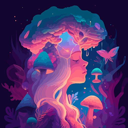 a spiritual and healing and otherwordly world for an instagram post, dream like and healing with crystals and beautiful ethereal creations in a vector or illustrated style with mushrooms
