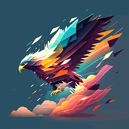 A logo for a Thunderbird in an action pose with its wings spread in a storm::Clouds in the background, code style, color, vector